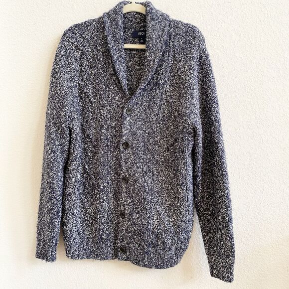 1901 Mens Cotton Blend Sweater Cardigan Large Fisherman Navy Blue Textured - Picture 1 of 11